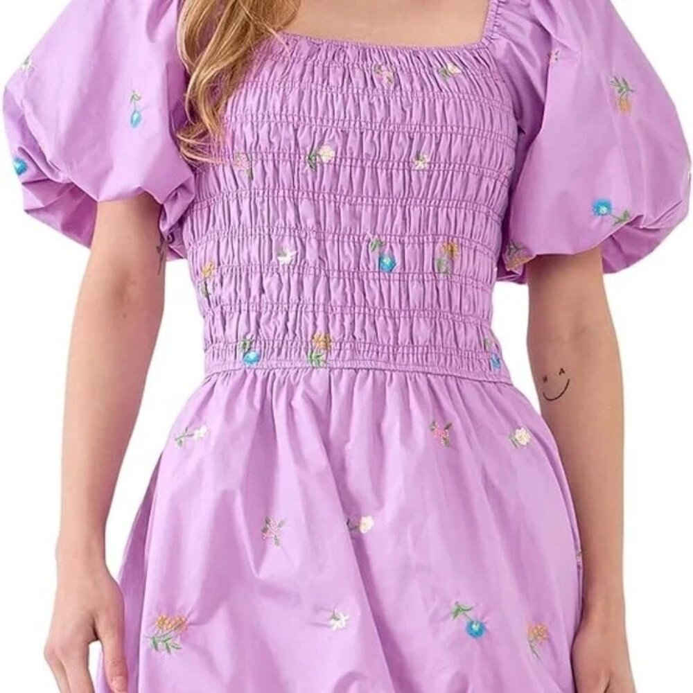 English Factory smocked floral embroider balloon sleeve bubble hem mini dress